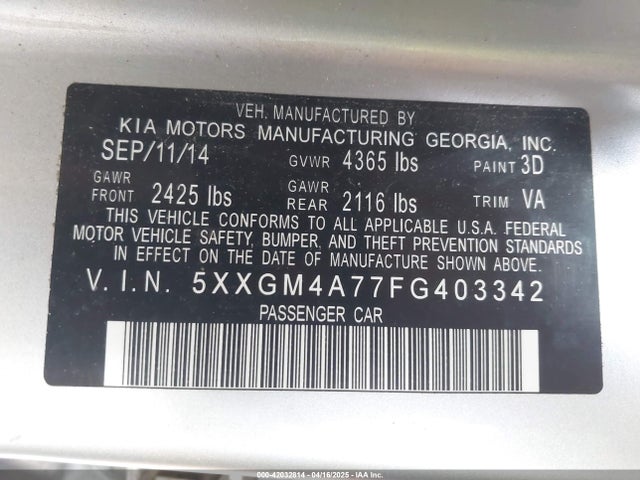 5XXGM4A77FG403342 KIA Optima Lx