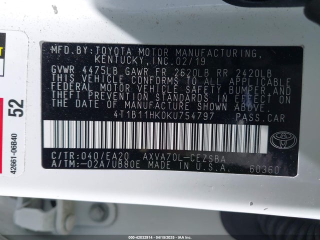 4T1B11HK0KU754797 Toyota Camry L/le/xle/se/xse