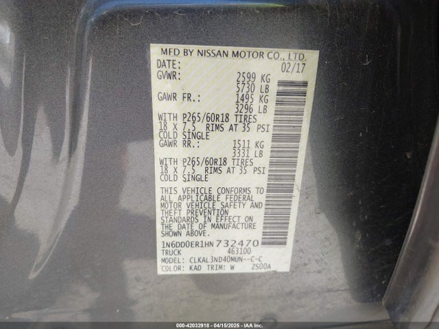 1N6DD0ER1HN732470 Nissan Frontier Sl