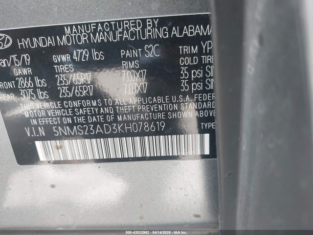 5NMS23AD3KH078619 Hyundai Santa Fe Se
