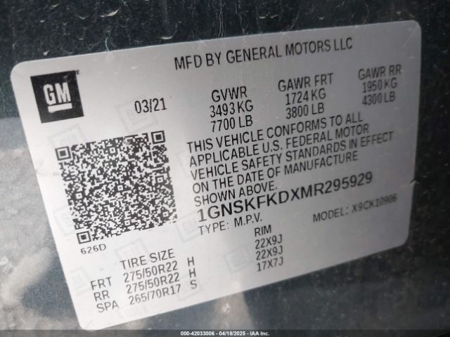 1GNSKFKDXMR295929 Chevrolet Suburban 4wd Premier