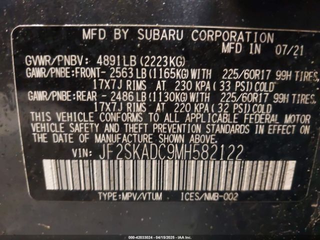 JF2SKADC9MH582122 Subaru Forester