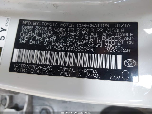 JTDKBRFU8G3505990 Toyota 2zr-fxe,1nm