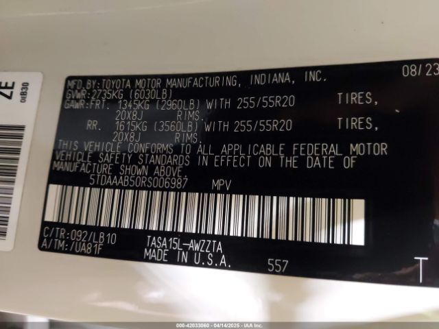 5TDAAAB50RS006987 Toyota Grand Highlander Platinum