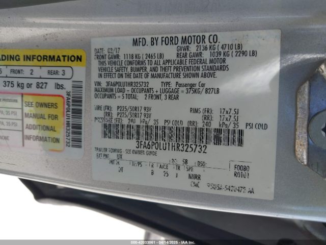 3FA6P0LU1HR325732 Ford Fusion Hybrid Se