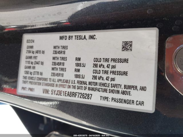5YJ3E1EA8RF726287 Tesla Model 3 Long Range Dual Motor All-wheel Drive/rear-wheel Drive