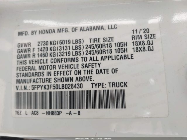 5FPYK3F50LB028430 Honda Ridgeline Awd Rtl