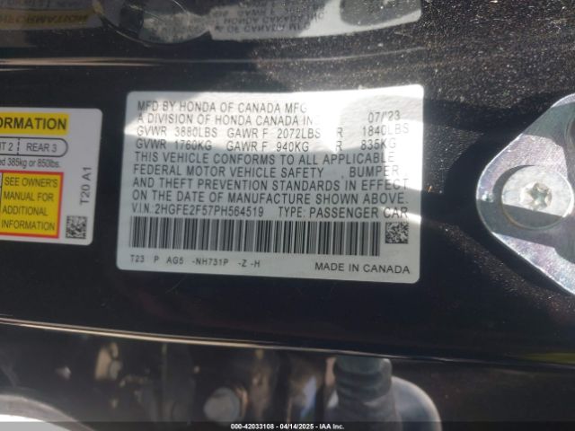 2HGFE2F57PH564519 Honda Civic Sport