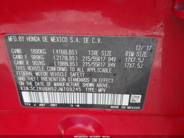 3CZRU6H52JM709245 Honda HR-V EX