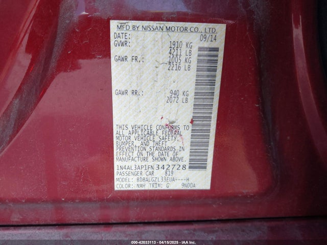 1N4AL3AP1FN342728 Nissan Altima 2.5 S