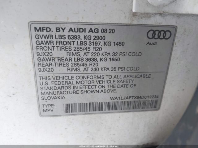 WA1LJAF7XMD012234 Audi Q7 Premium Plus 45 Tfsi Quattro Tiptronic