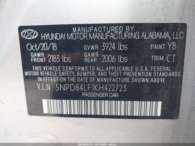 5NPD84LF1KH422723 Hyundai Elantra Sel/value/limited