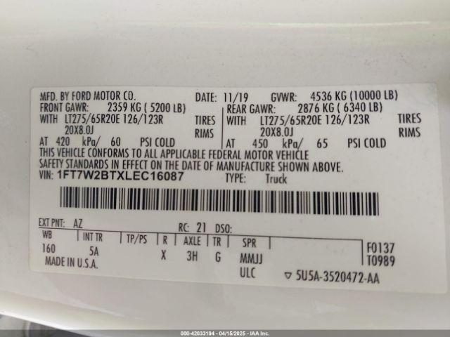 1FT7W2BTXLEC16087 Ford F-250 Lariat