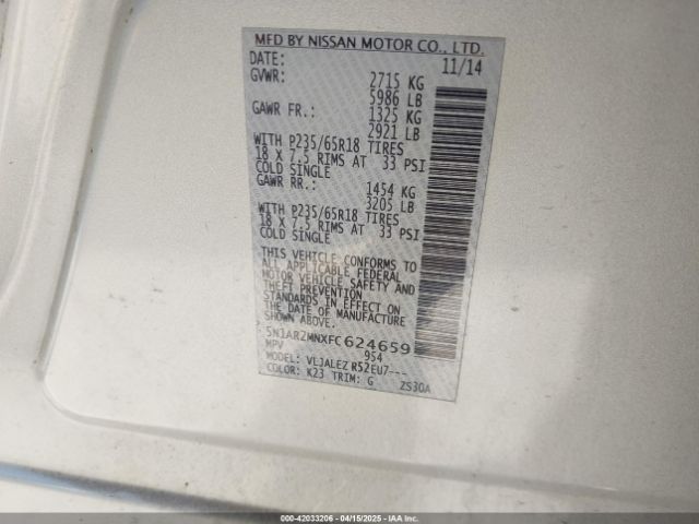 5N1AR2MNXFC624659 Nissan Pathfinder Sv