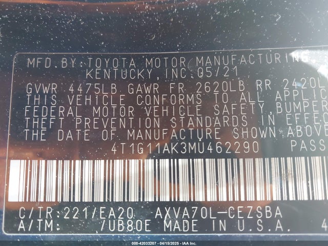 4T1G11AK3MU462290 Toyota CAMRY SE