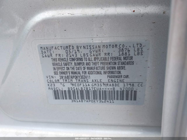 3N1AB7AP0KY362411 Nissan 2019