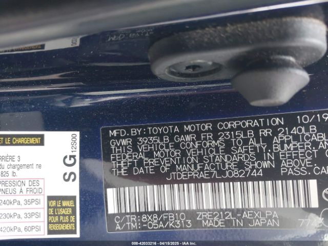 JTDEPRAE7LJ082744 Toyota COROLLA LE