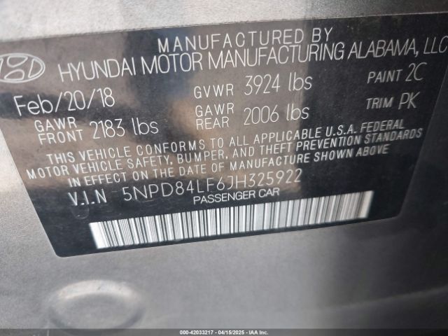 5NPD84LF6JH325922 Hyundai mpi nu