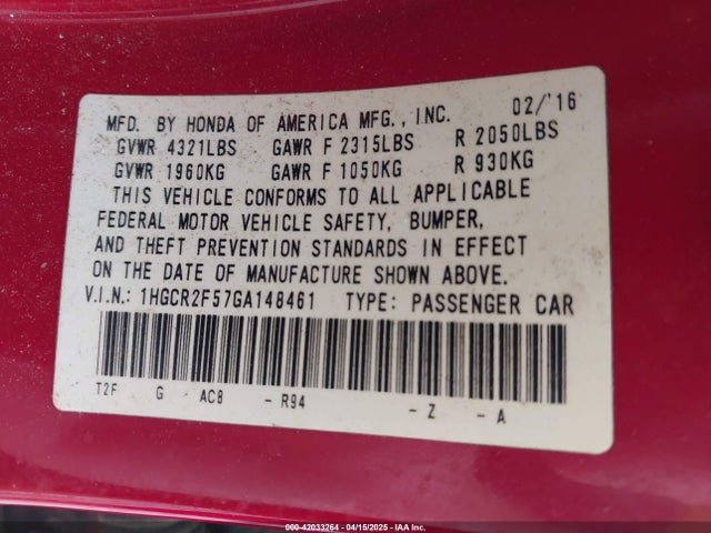 1HGCR2F57GA148461 Honda Accord Sport