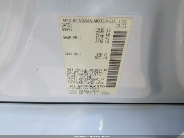 1N4AL3AP5FN906350 Nissan Altima 2.5 S