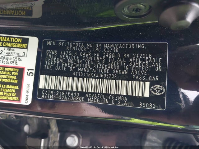 4T1B11HKXJU605702 Toyota CAMRY LE