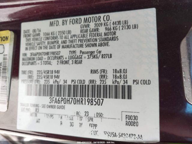 3FA6P0H70HR198507 Ford FUSION SE