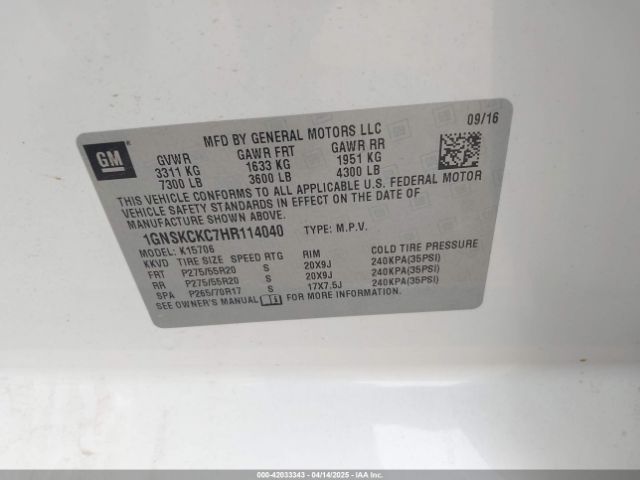 1GNSKCKC7HR114040 Chevrolet Tahoe Premier