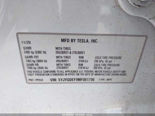 5YJYGDEF9MF081798 Tesla Model Y Performance Dual Motor All-wheel Drive