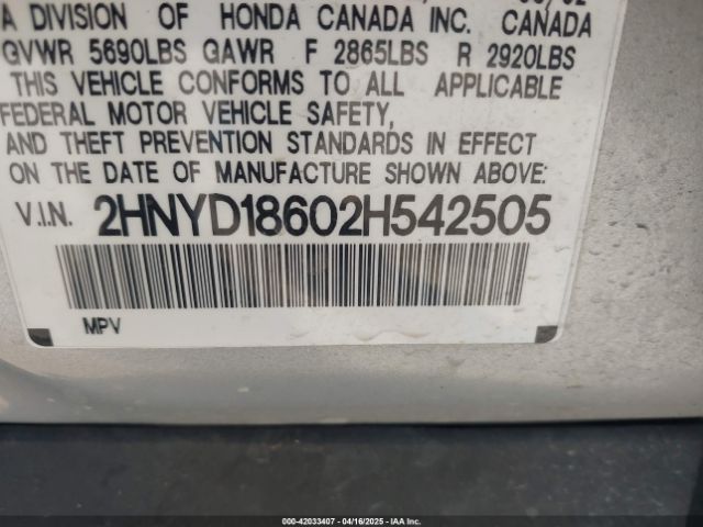 2002 ACURA MDX 2HNYD18602H542505 Photo 8