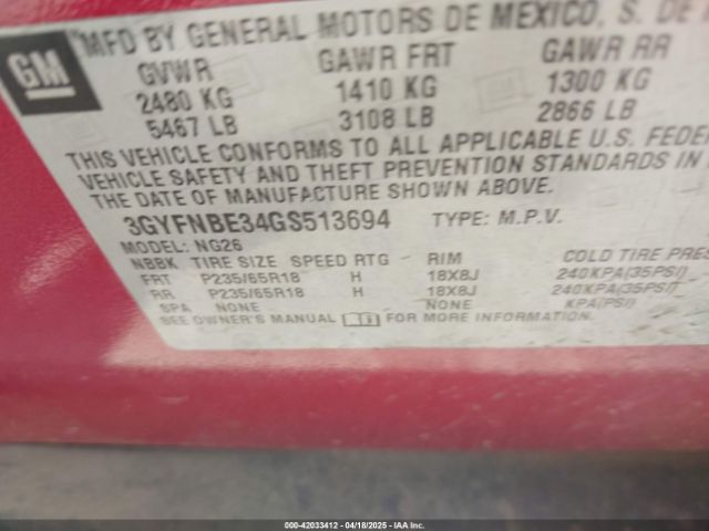 3GYFNBE34GS513694 Cadillac Srx Luxury Collection