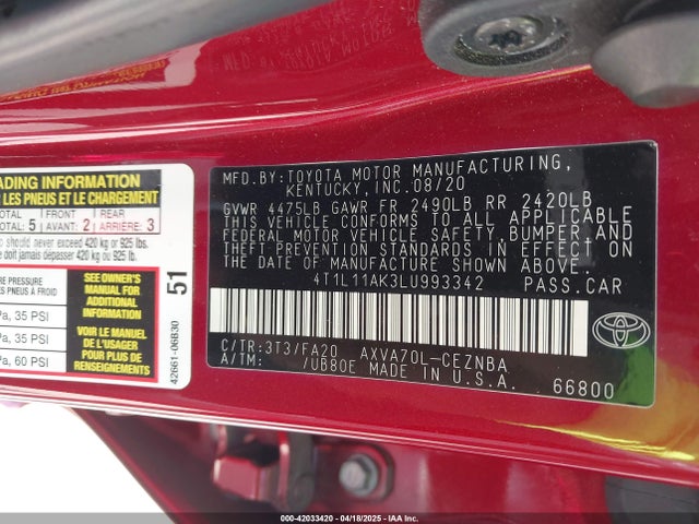 4T1L11AK3LU993342 Toyota CAMRY LE