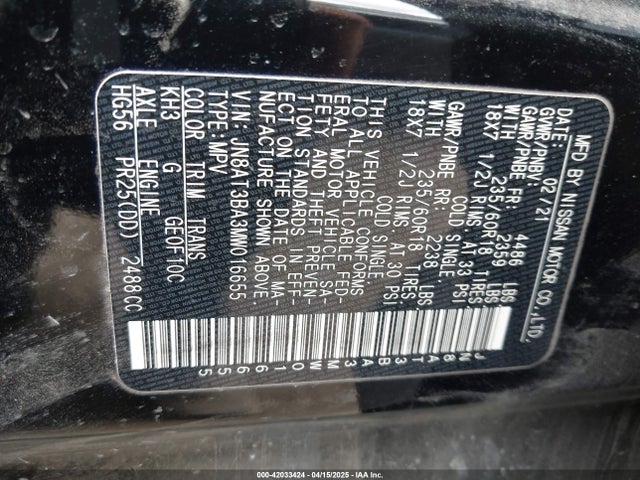 JN8AT3BA3MW016655 Nissan Rogue Sv Fwd