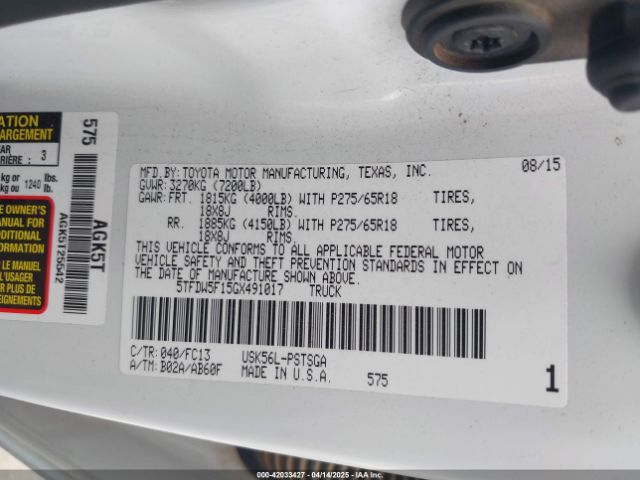 5TFDW5F15GX491017 Toyota Tundra Sr5 5.7l V8