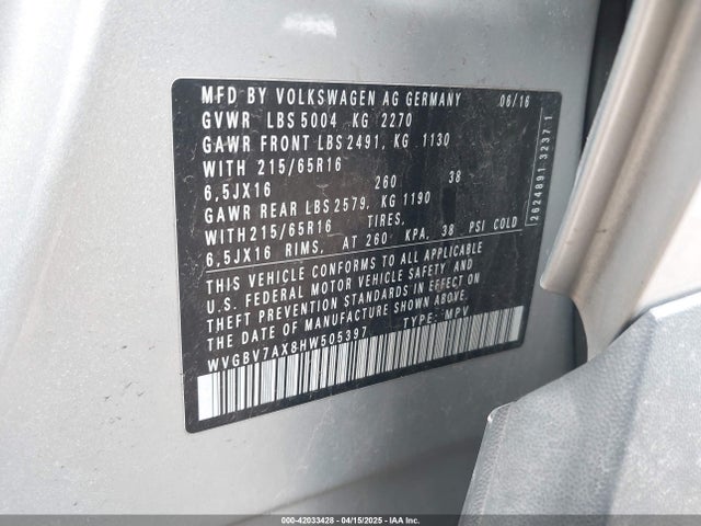WVGBV7AX8HW505397 Volkswagen Tiguan 2.0t S