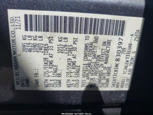 5N1AT3CB1MC830397 Nissan Rogue Sl Intelligent Awd