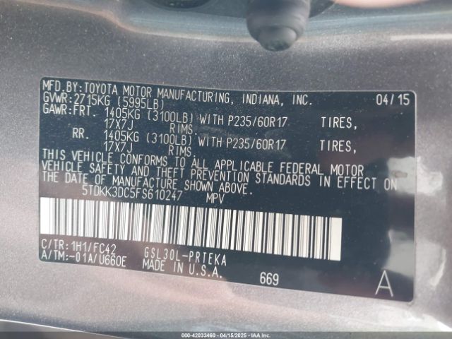 5TDKK3DC5FS610247 Toyota Sienna Le 8 Passenger