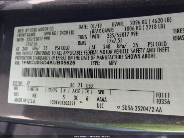 1FMCU0GD4KUB05626 Ford ESCAPE SE