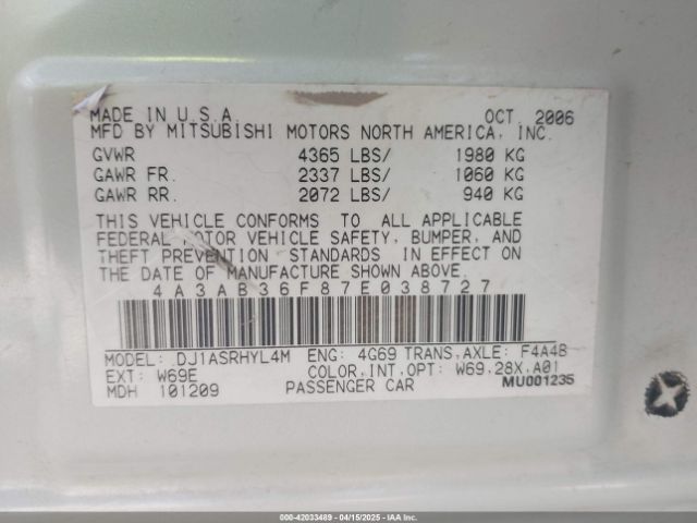 2007 MITSUBISHI GALANT 4A3AB36F87E038727 Photo 8