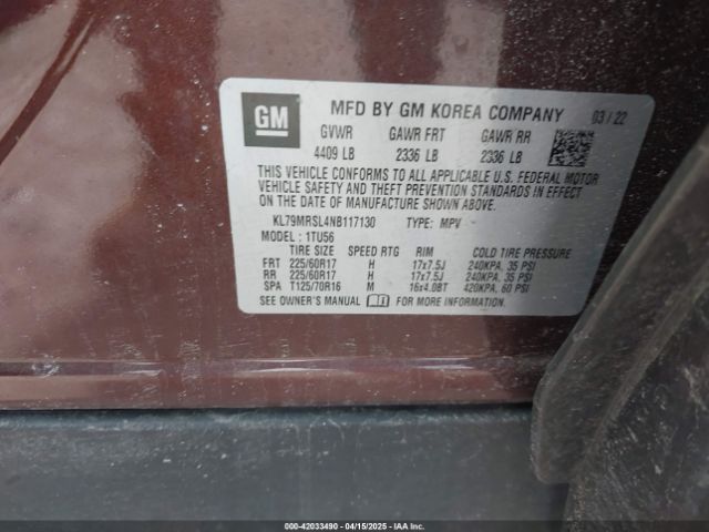 KL79MRSL4NB117130 Chevrolet Trailblazer Awd Lt