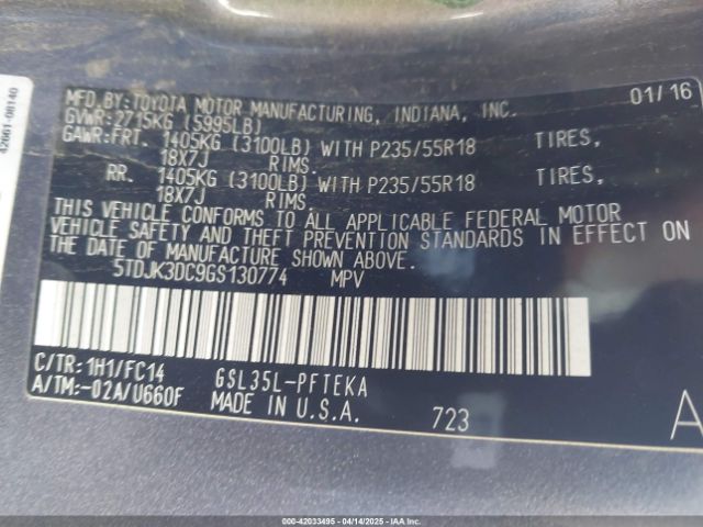 5TDJK3DC9GS130774 Toyota Sienna Le 7 Passenger