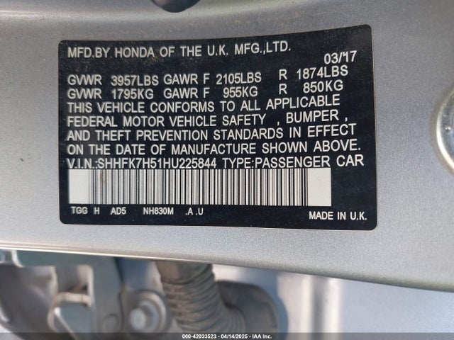 SHHFK7H51HU225844 Honda CIVIC EX