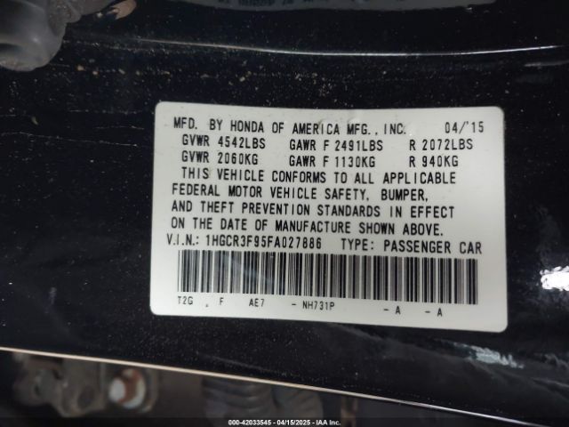 1HGCR3F95FA027886 Honda Accord Touring