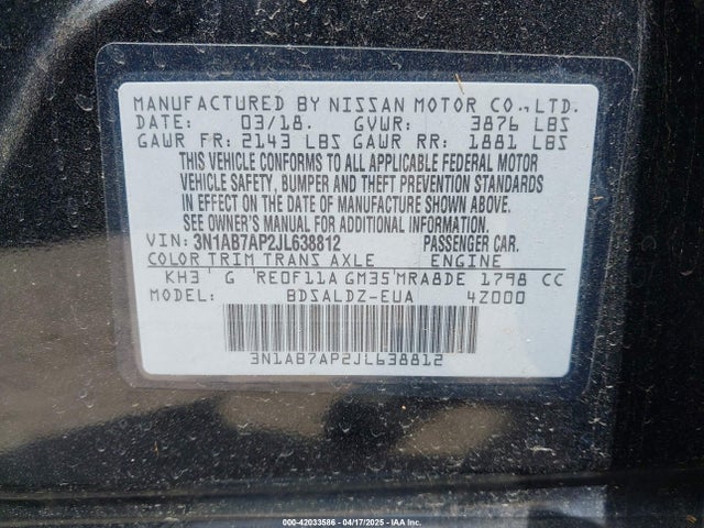 3N1AB7AP2JL638812 Nissan SENTRA SV