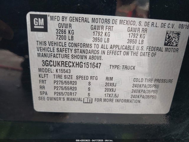 3GCUKRECXHG151647 Chevrolet l83 - sidi: spark ignited direct injection, vvt: variable valve timing, afm, e85 max, alum