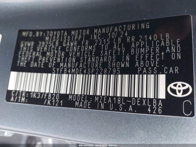 5YFB4MDE4SP228795 Toyota COROLLA LE