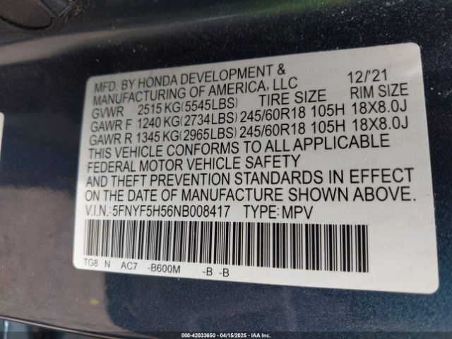 5FNYF5H56NB008417 Honda Pilot 2wd Ex-l