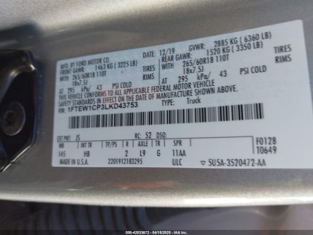 1FTEW1CP3LKD43753 Ford F-150 Lariat