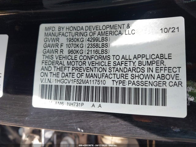 1HGCV1F52MA117510 Honda Accord Ex-l