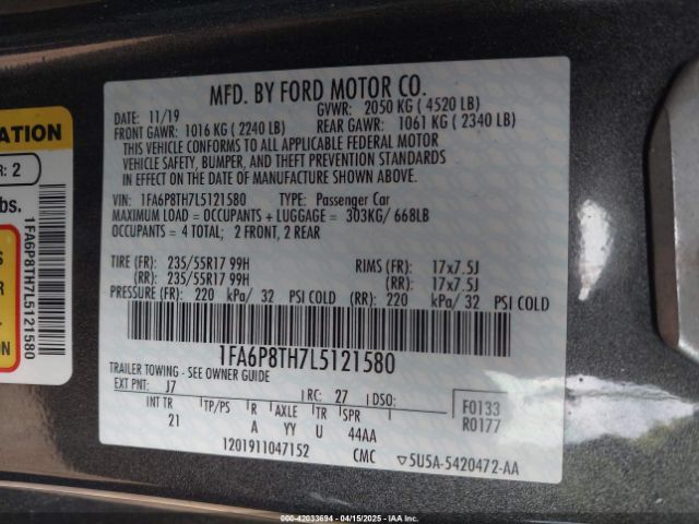1FA6P8TH7L5121580 Ford Mustang Ecoboost Fastback