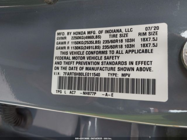 7FART6H80LE011540 Honda Cr-v Hybrid Ex-l